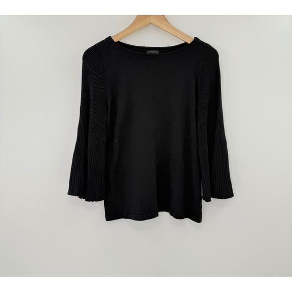 Ann‎ Taylor Factory Black Long Sleeve Ribbed Knit Bell Sleeve Top Sz Sm Preppy - Picture 2 of 8